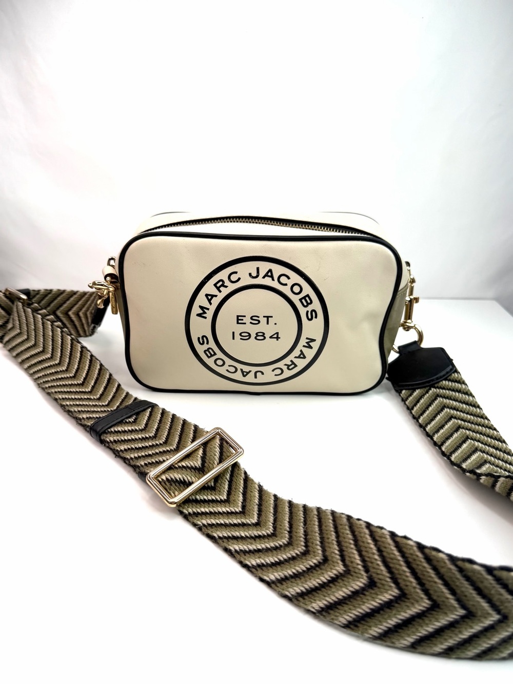 Marc Jacobs Tan Green Logo Camera Patterned Strap Crossbody Bag